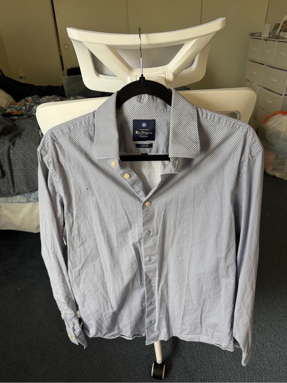 Ben Sherman Men's White and Blue Micro-Pattern Dress Shirt